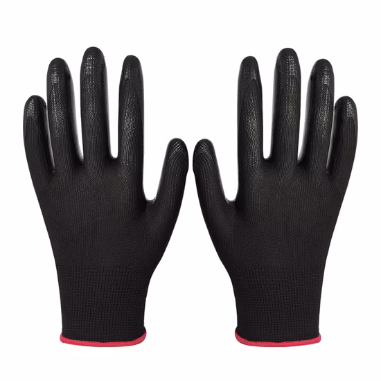 Gants de travail de sécurité de protection de travail de main industrielle de polyester rouge enduit de nitrile noir pour le jardin de construction