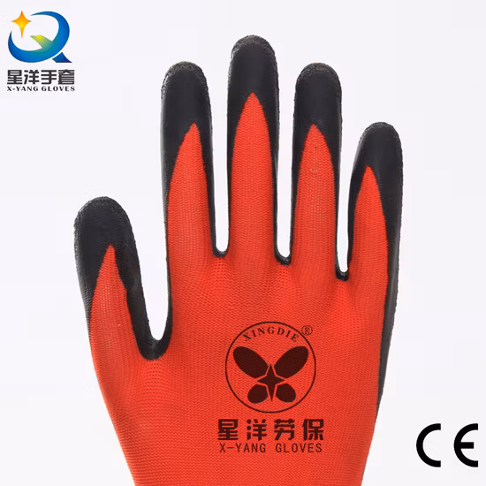 Doublure en polyester rouge 13G la plus compétitive avec gants de protection de travail de sécurité enduits de latex noir froissé